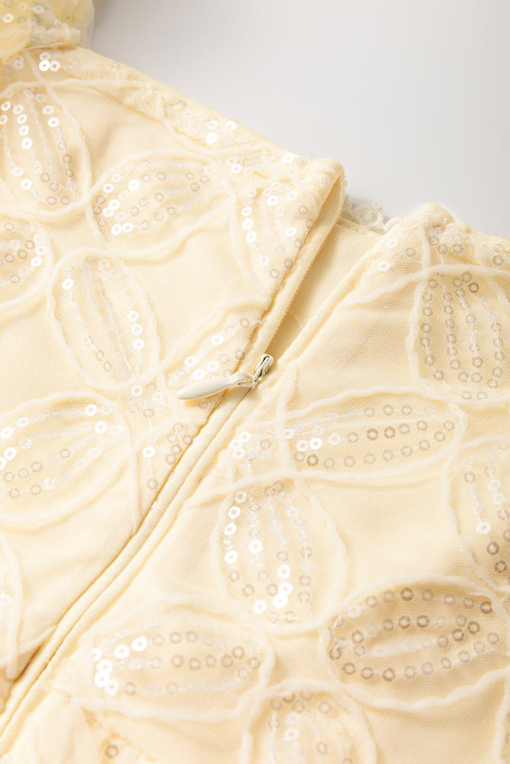 Apricot Sequined Lace Mesh Bubble Sleeve Square Neck Dress eAura