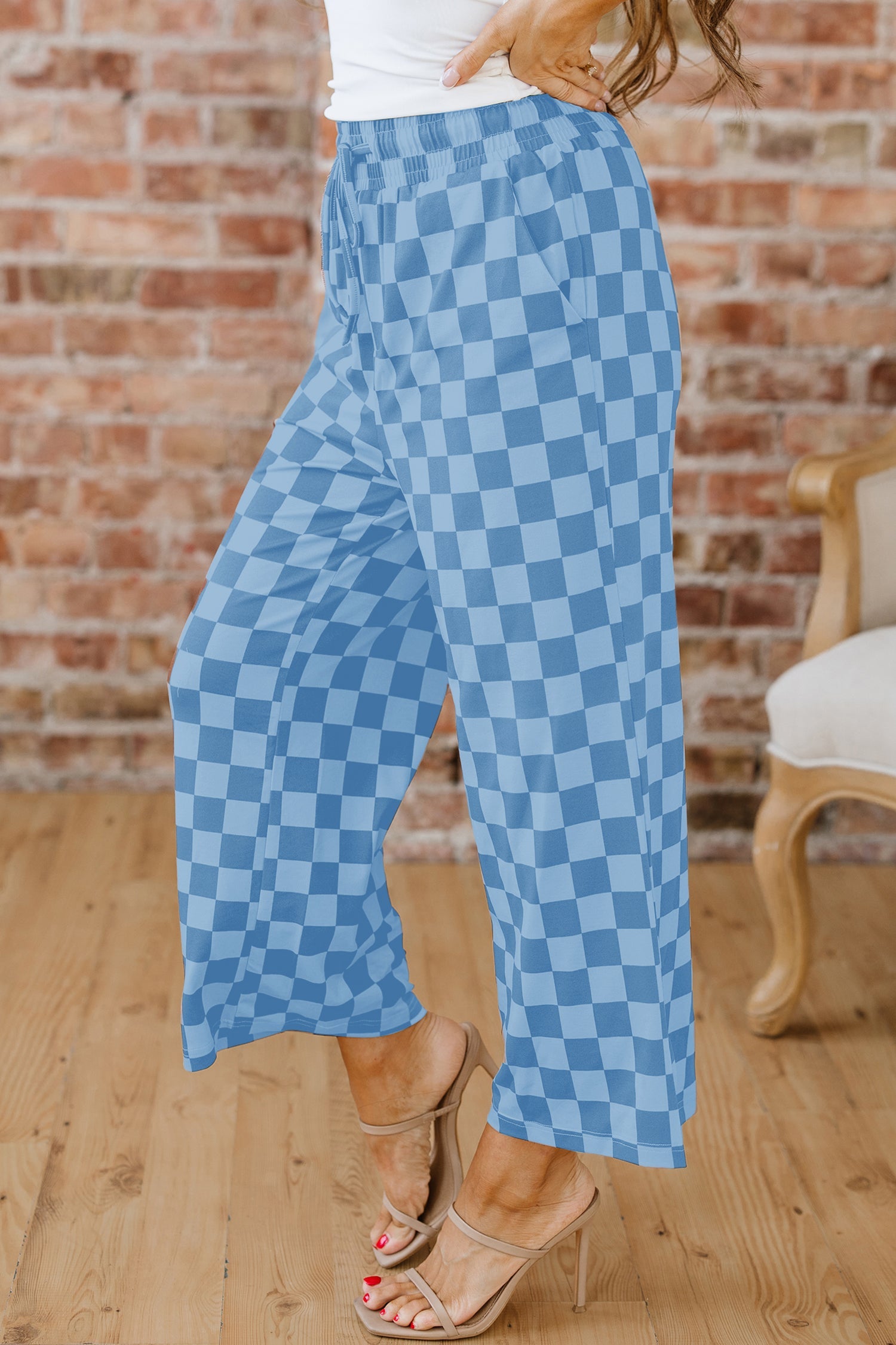 Checkered Elastic High Waist Loose Casual Trousers - Bottoms/Pants & Culotte