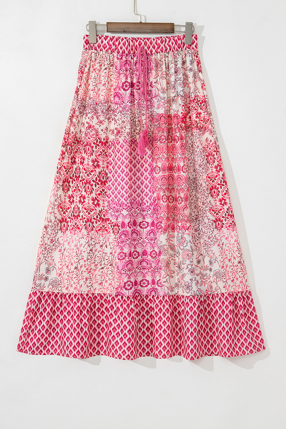 Red Boho Pattern Print Tassel Drawstring High Waist Maxi Skirt - eAura