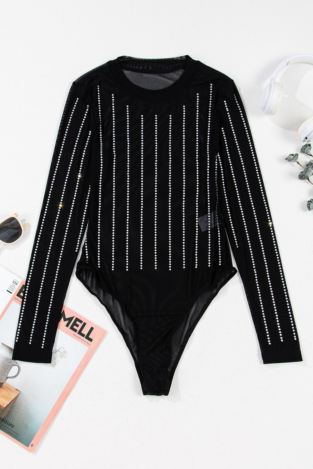 Black Rhinestone Decor Striped Mesh Long Sleeve Bodysuit eAura