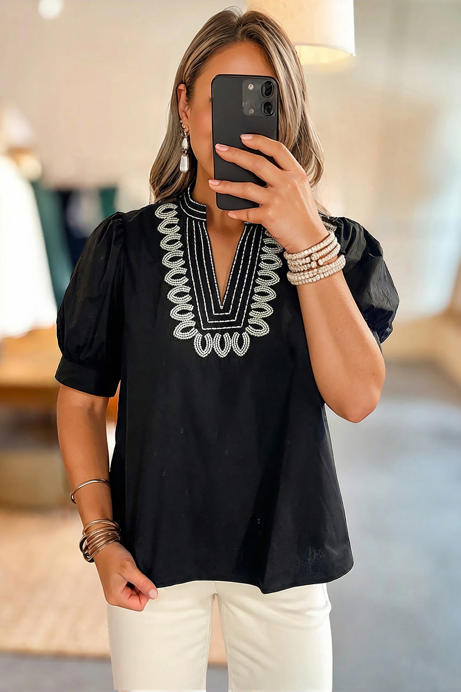 Short Puff Sleeve Contrast Embroidered Detail V-Neck Blouse - Tops/Blouses & Shirts