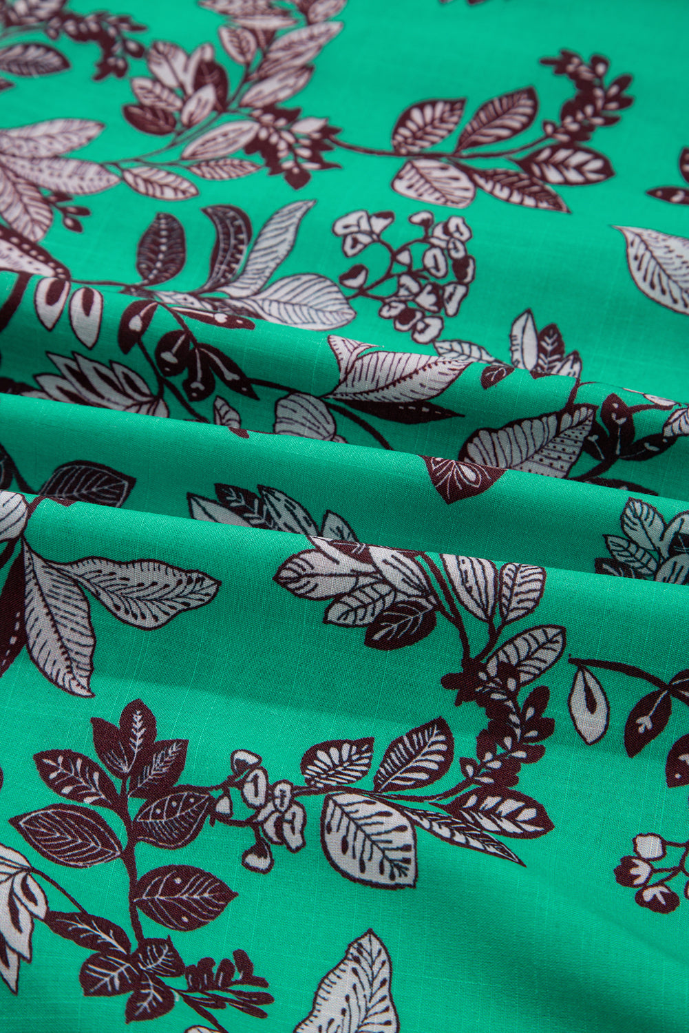 Leaf Print Contrast Trim V-Neck Shirred Puff Sleeve Blouse - eAura