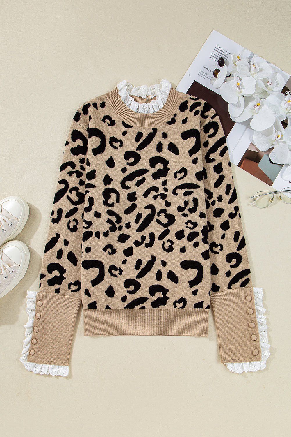 Brown Leopard Pattern Lace Ribbed Detail Button Cuffed Sweater eAura