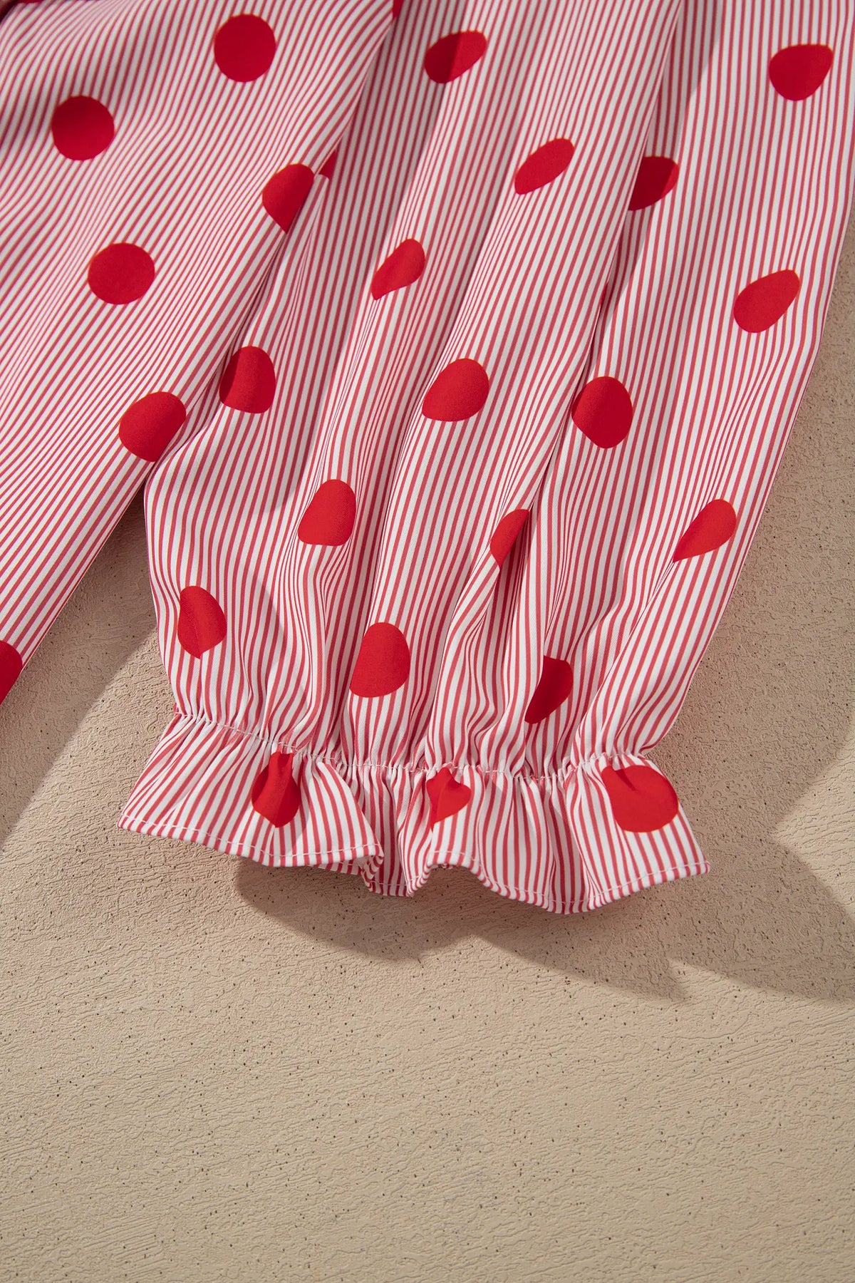 Polka Dot Striped Print Ruffle Stand Neck 3/4 Sleeve Shift Shirt – Fiery Red