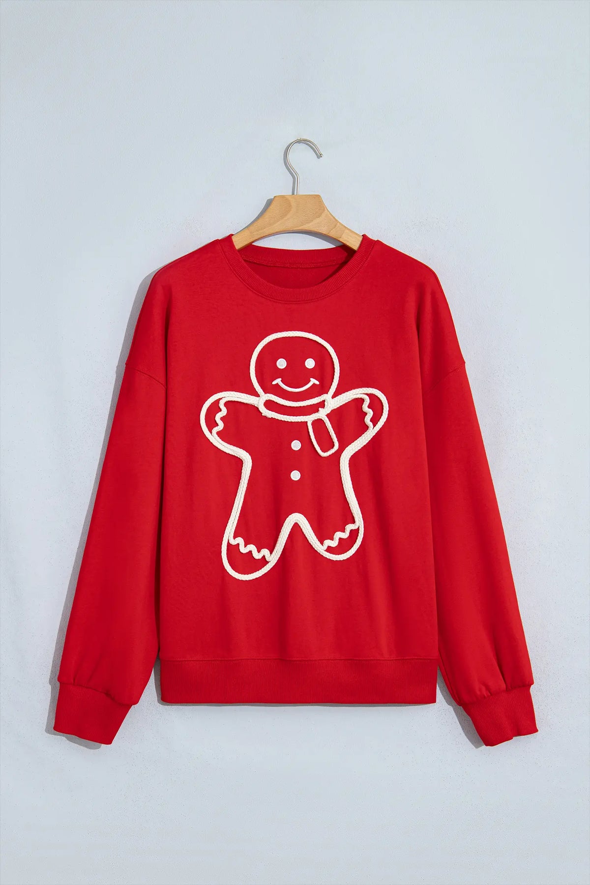 Fiery Red Christmas Embroidered Long Sleeve Casual Round Neck Loose Fit Sweatshirt