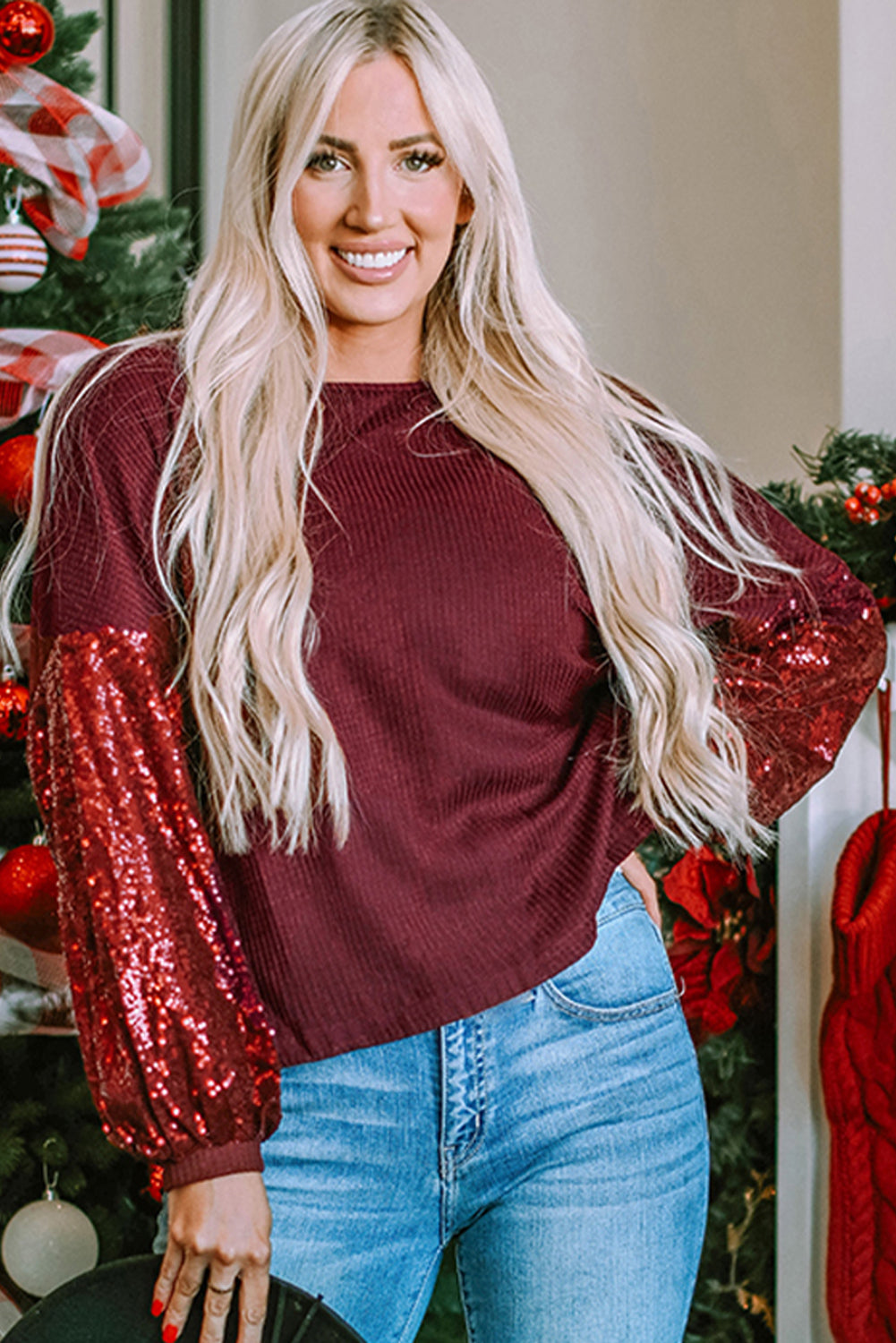 Black Sequin Patchwork Sleeve Open Back Waffle Knit Top eAura