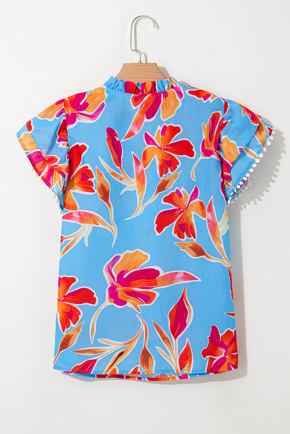 Sky Blue Floral Print V Neck Pompom Trim Flutter Sleeve Blouse eAura