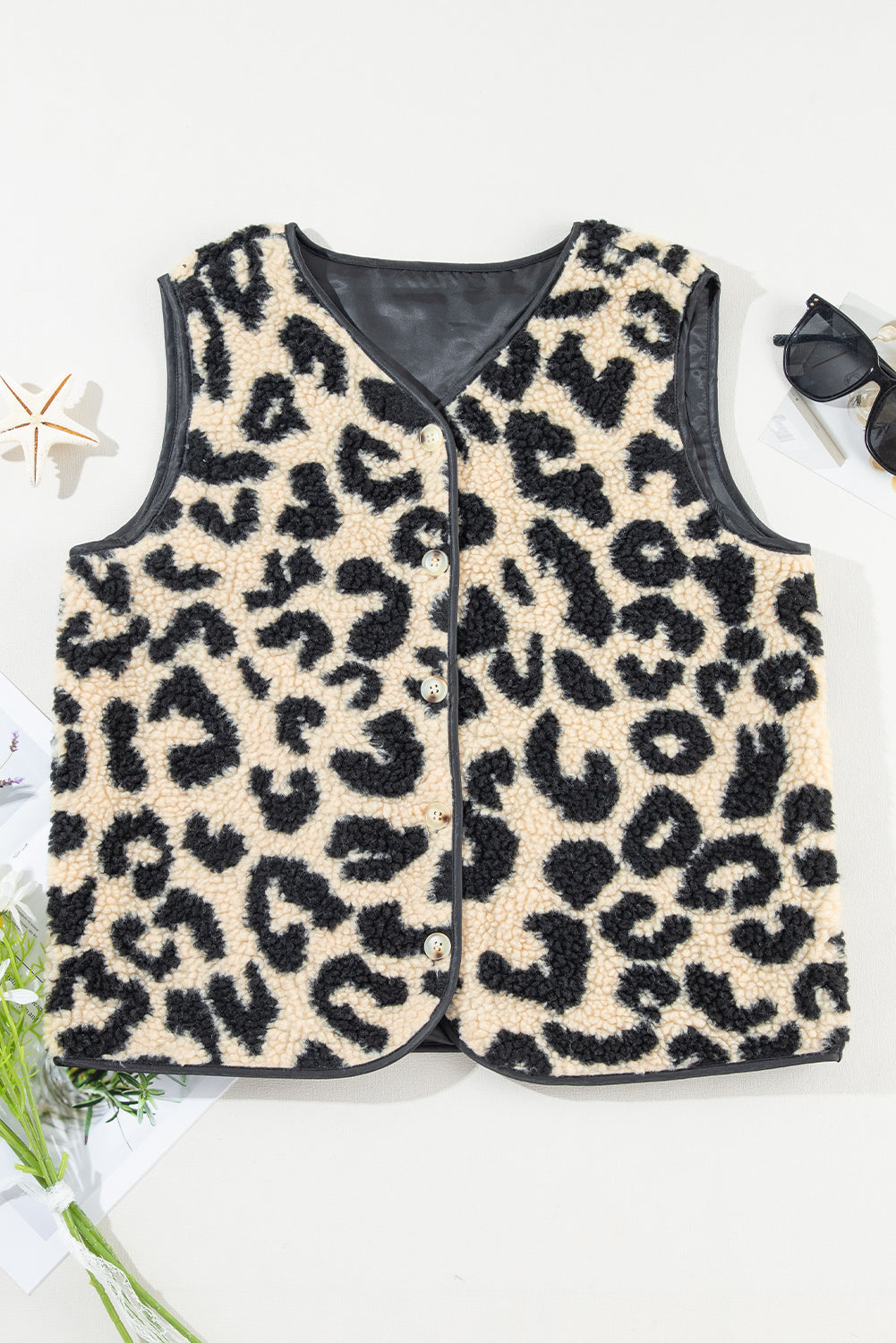 Leopard Print Sherpa Vest Coat – Black