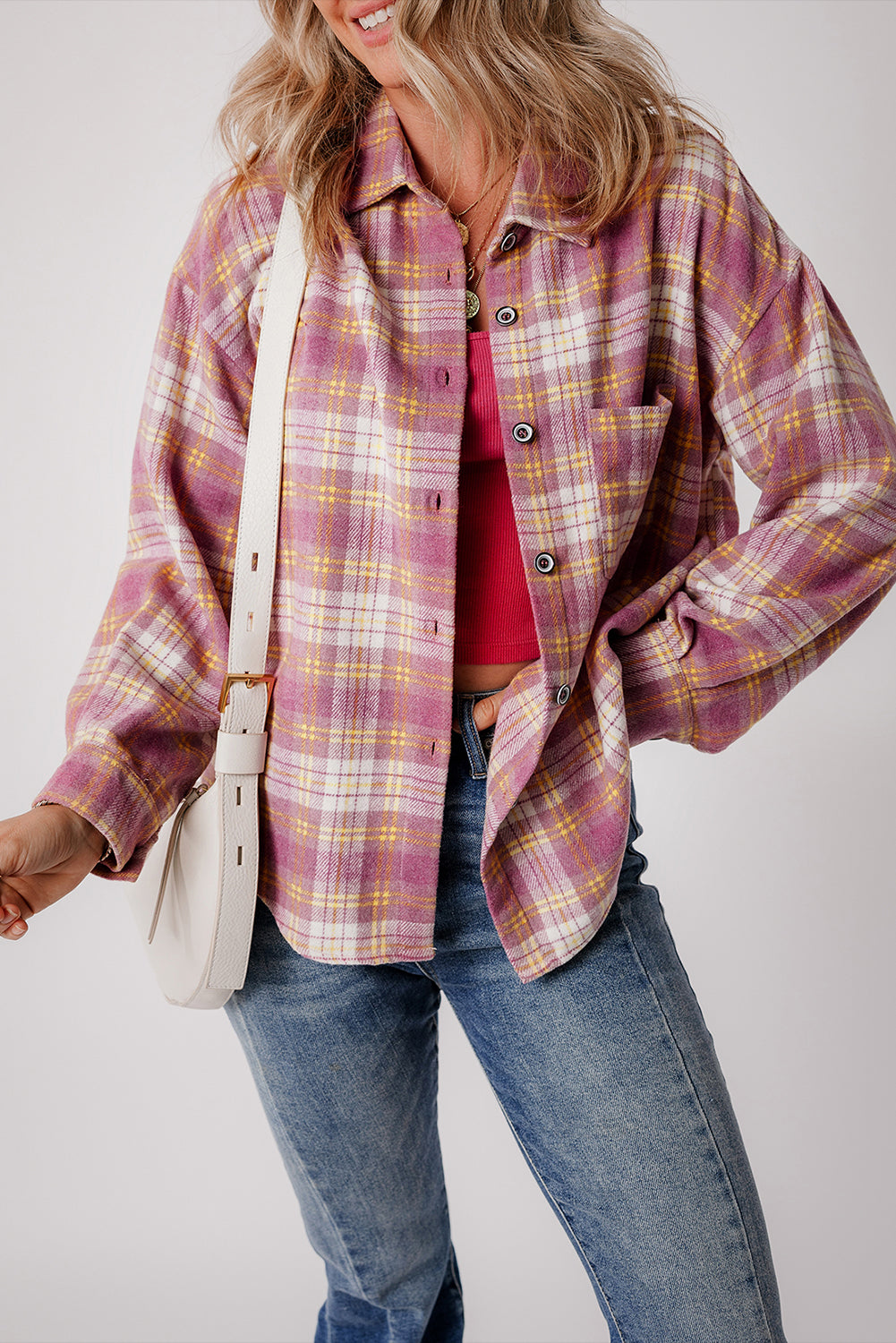 Pink Plaid Print Chest Pocket Long Sleeve Shacket Beagle Boutique Fashion Outlet