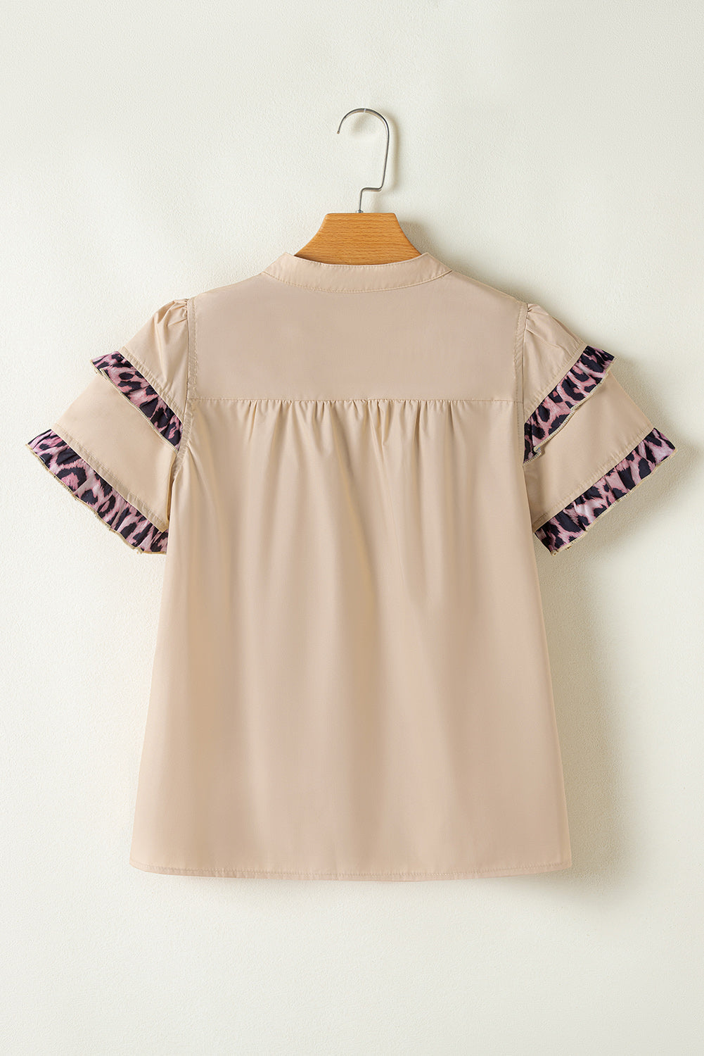 Smoke Grey Leopard Ruffles Trim Tiered Short Sleeve Blouse eAura