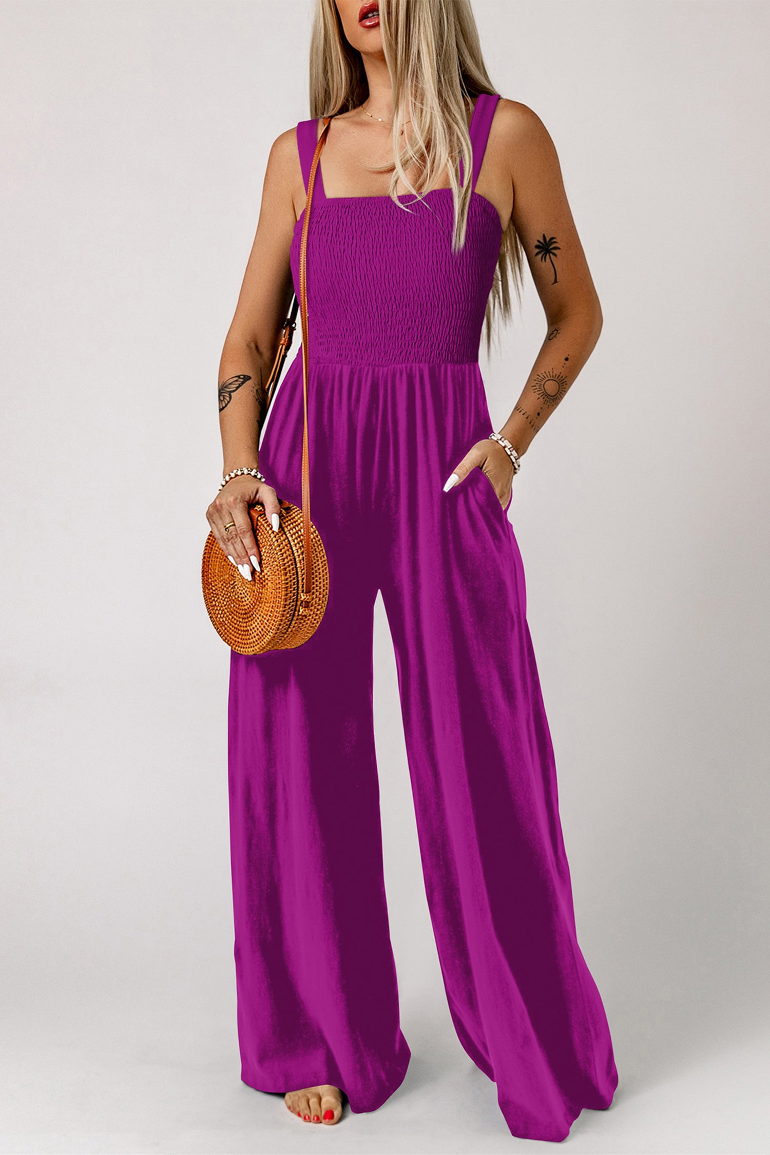 Smocked Square Neck Sleeveless Wide Leg Jumpsuit with Pockets – Purple