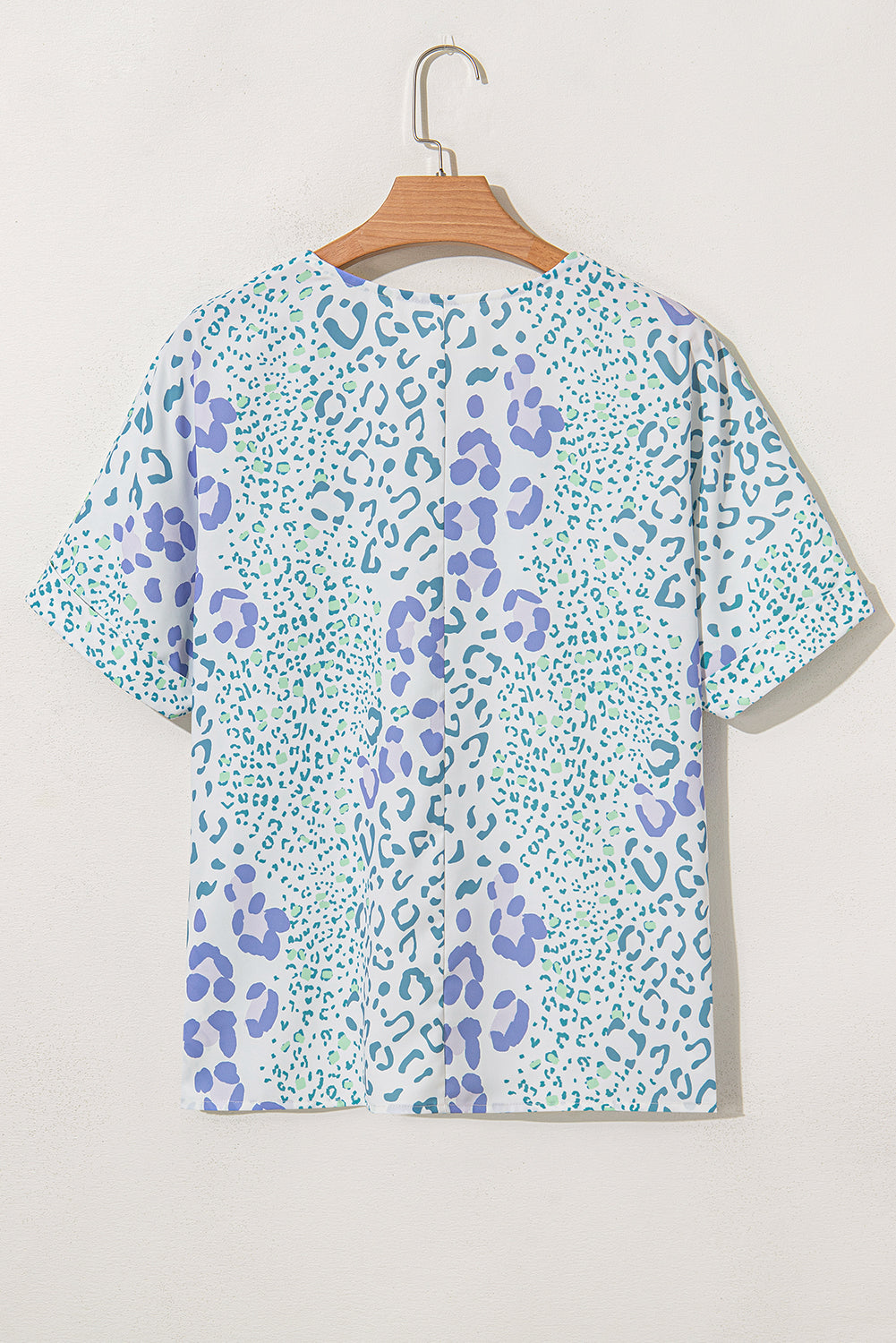 Sky Blue Mixed Leopard Print V Neck Short Sleeve Blouse eAura