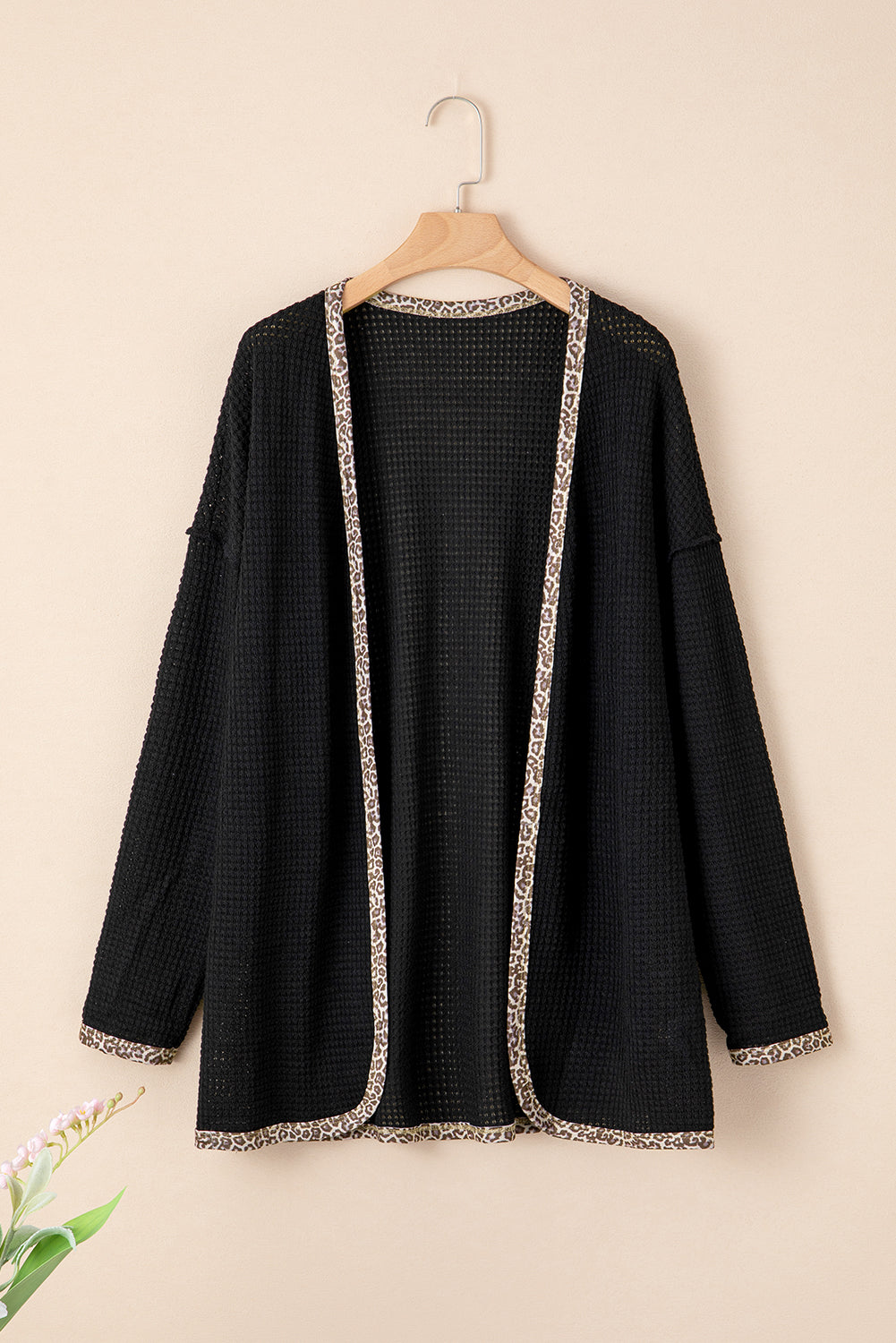 Black Leopard Contrast Waffle Knit Open Front Cardigan eAura