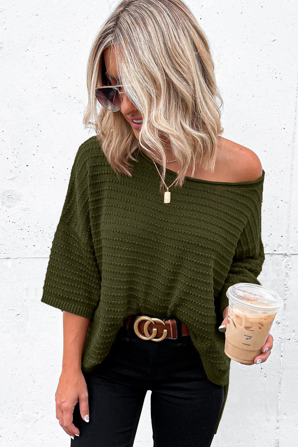 Textured Knit Drop Shoulder Short Sleeve Top eAura