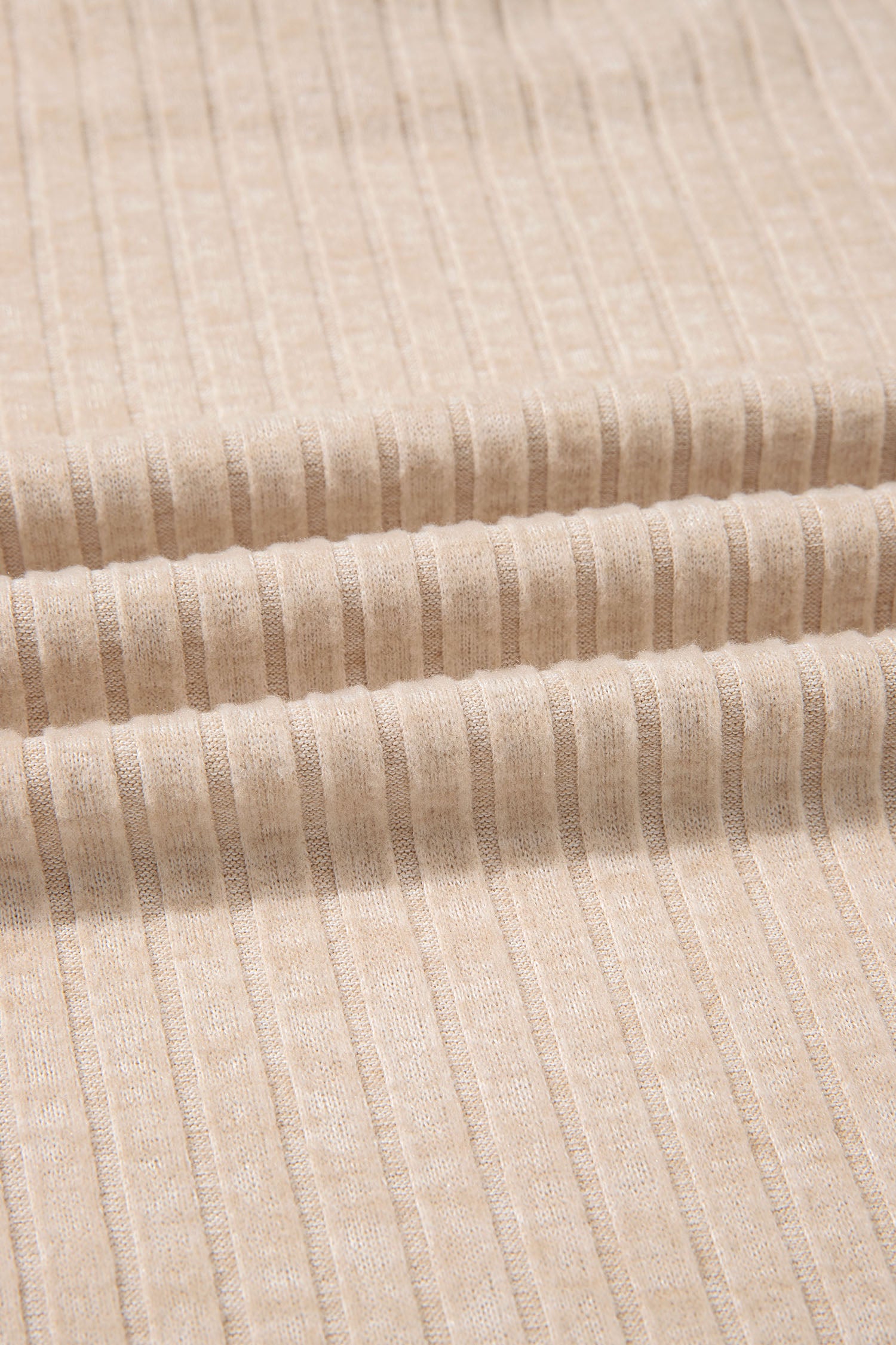 Apricot Solid Color Ribbed Knit Cowl Neck Long Sleeve Top – Beige