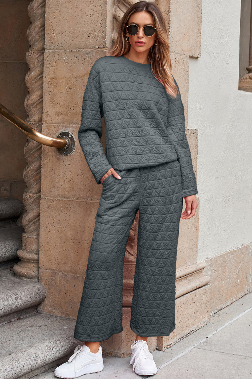 Dark Grey Solid Quilted Pullover and Trousers Outfit eAura