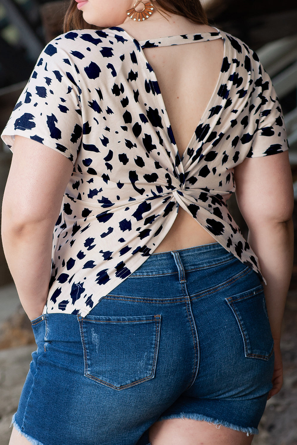 Khaki Leopard Print Twist Open Back Plus Size Top BB Fashion Outlet