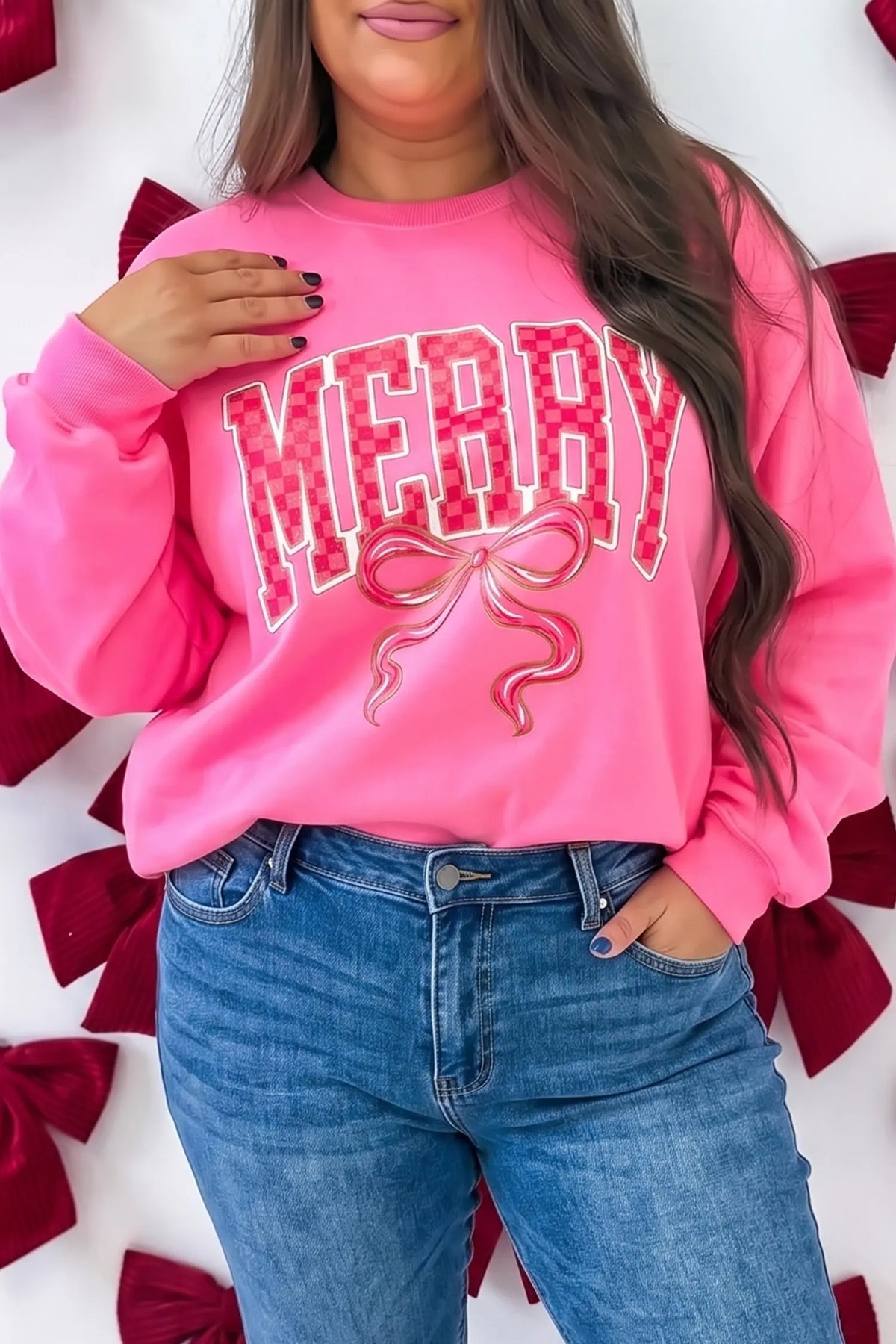 Plus size sweatshirt with checkered Christmas slogan print