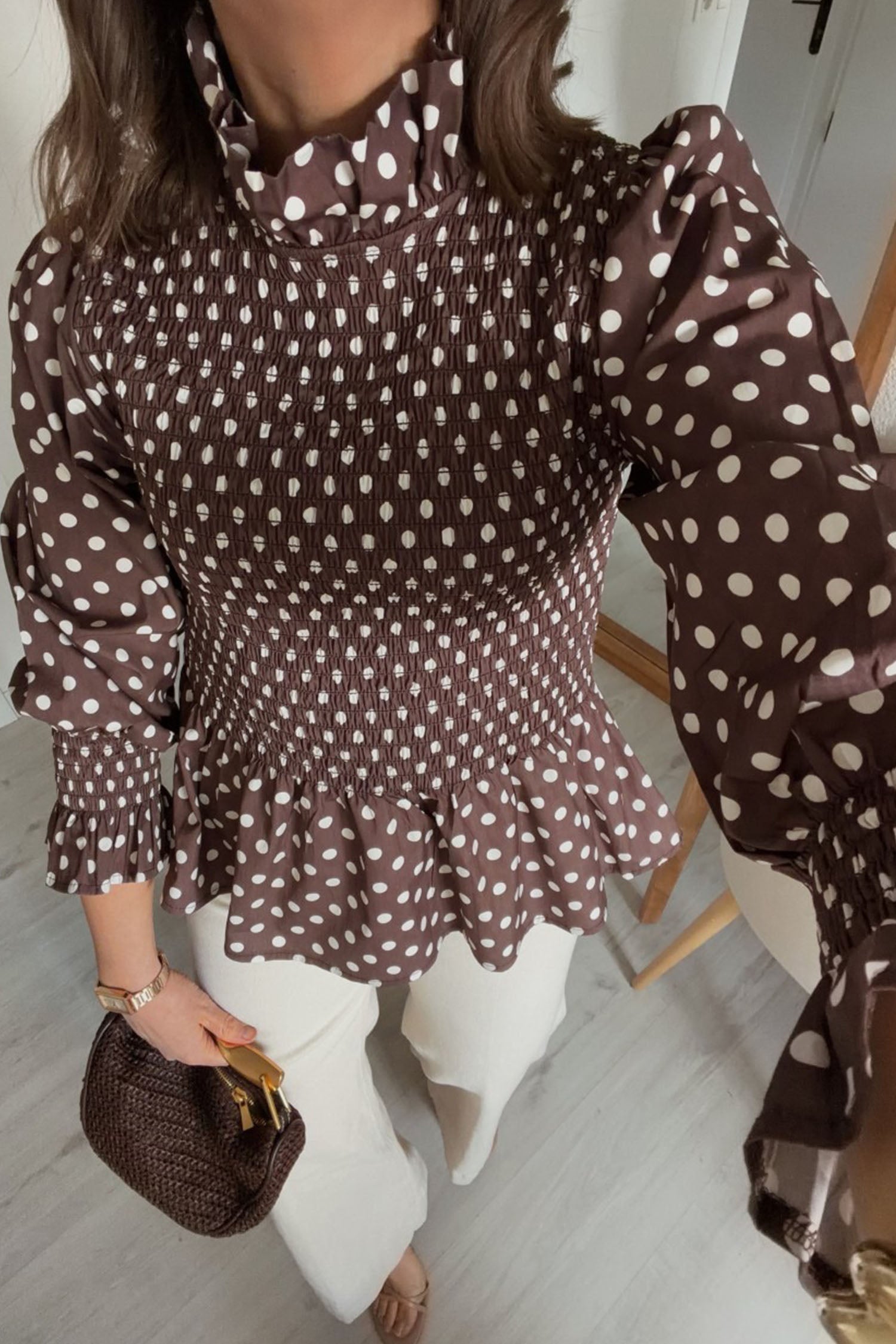 Polka Dot Ruffled High Neck Shirred Ruffle Hem Blouse – Brown