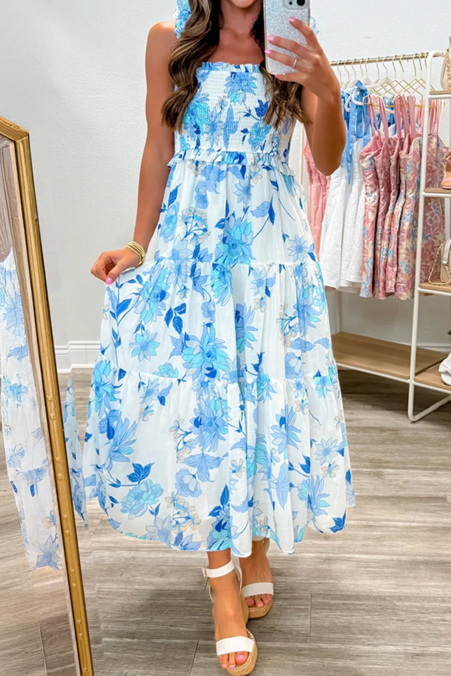 Ruffled Straps Smocked Tiered Floral Long Dress