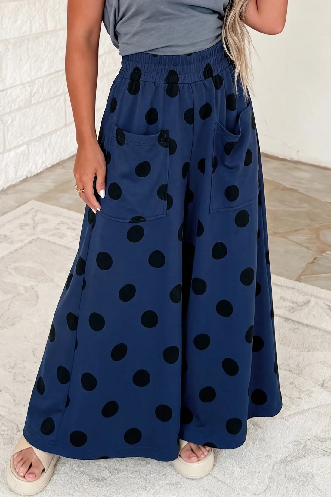 Sail Blue Polka Dot Wide Leg Elastic Waist Casual Pants