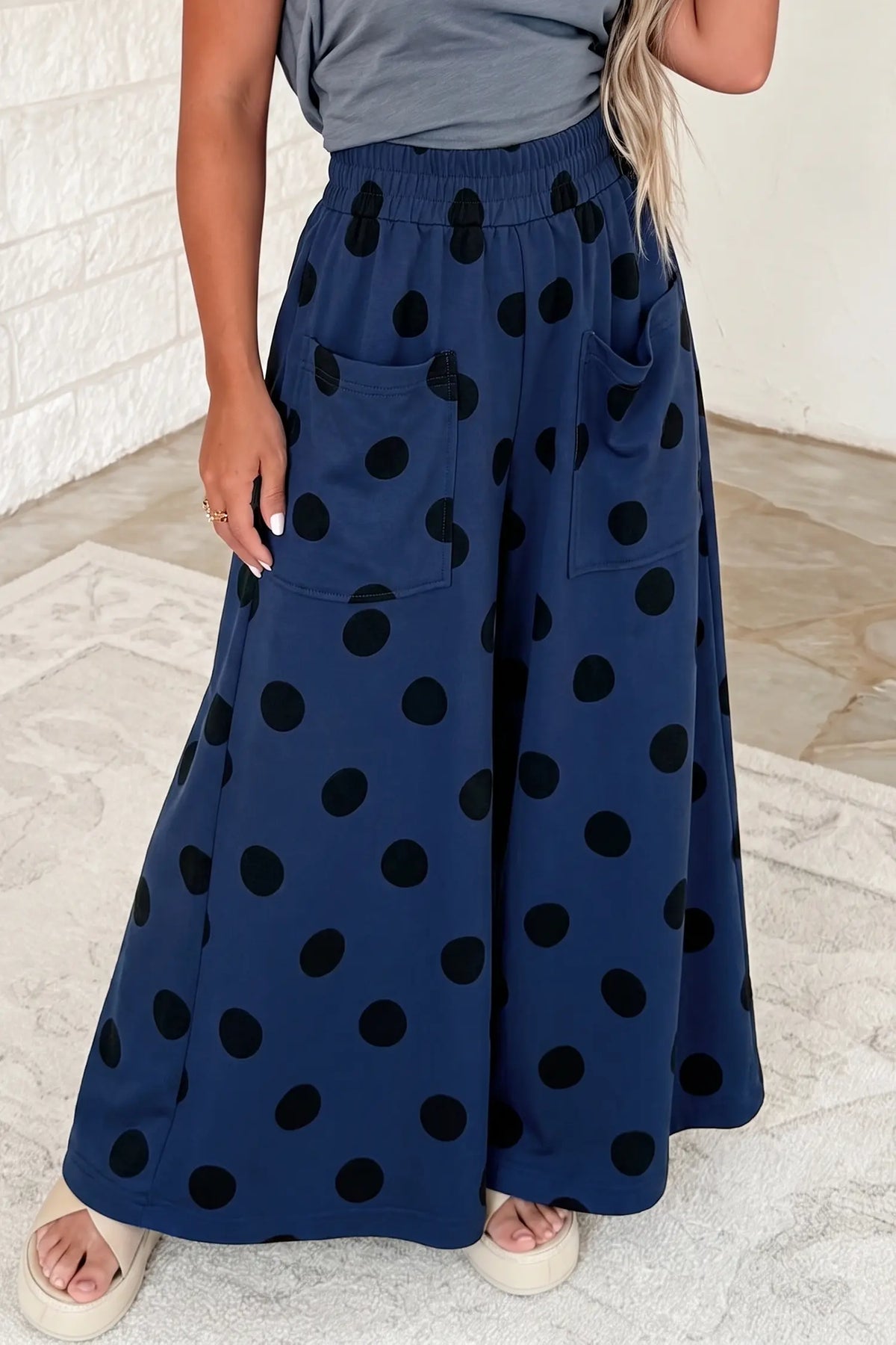 Sail Blue Polka Dot Wide Leg Elastic Waist Casual Pants
