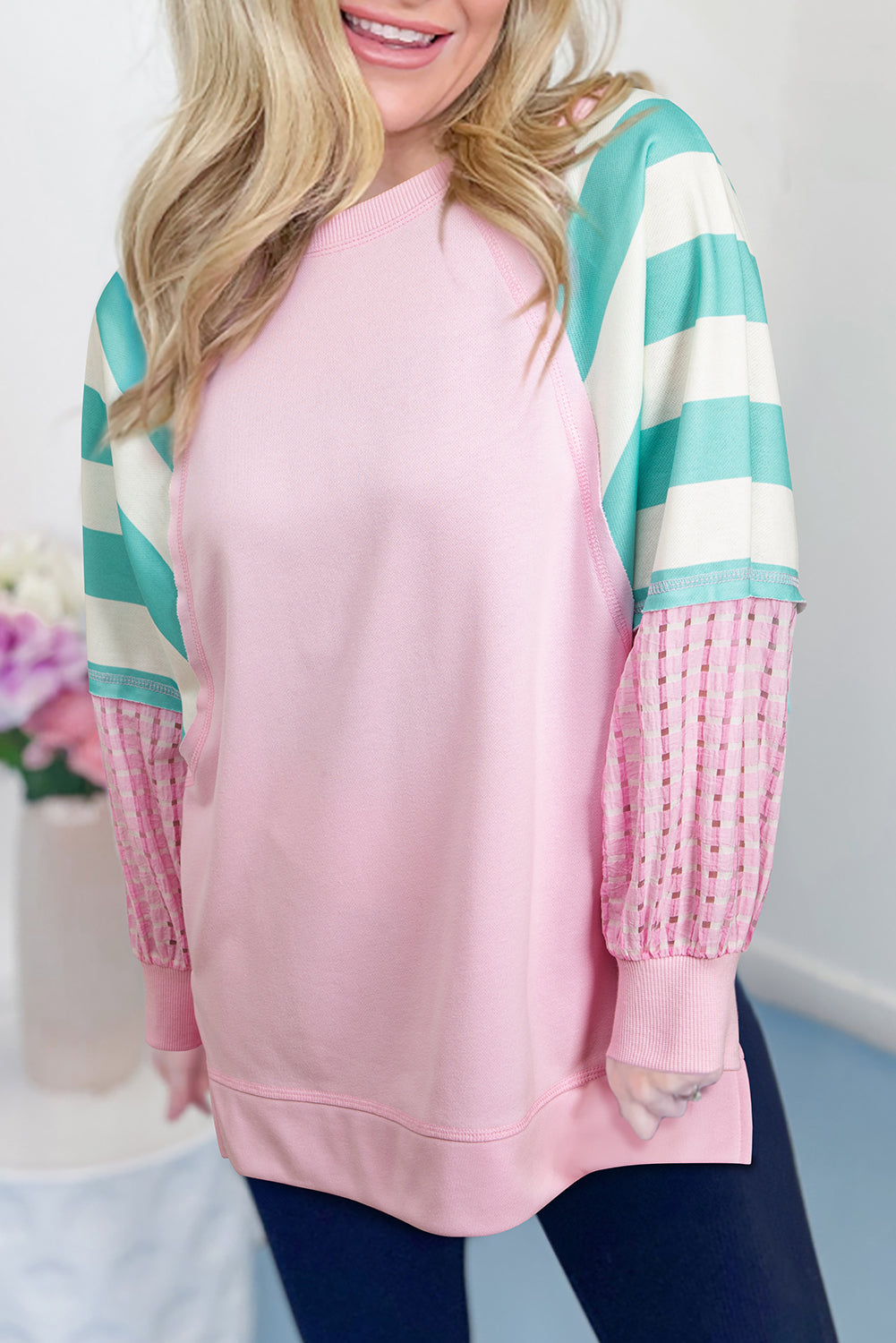 Striped Patchwork Raglan Pullover Top with Slits - eAura