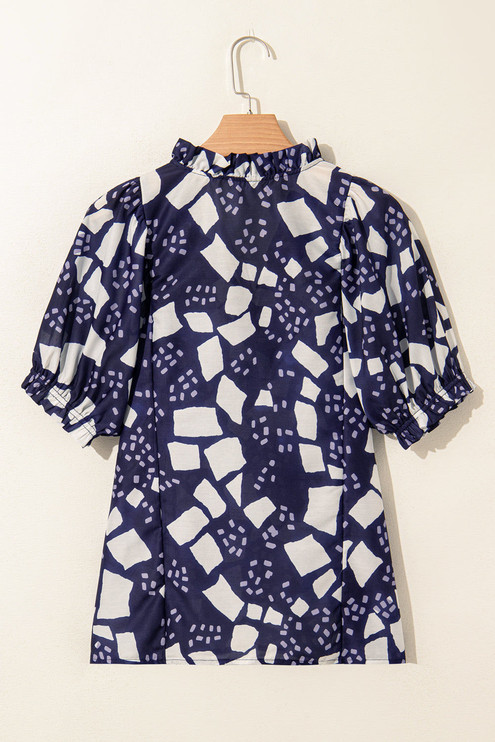 Blue Abstract Print Frilled Puff Sleeve V-Neck Blouse eAura