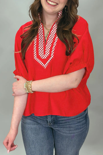 Red V Neck Plaid Collar Short Sleeve Tunic Blouse – Fiery Red