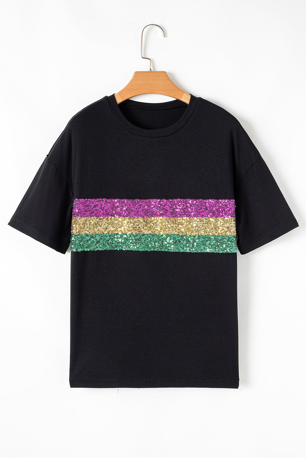 Black Sequin Stripes Patchwork Mardi Gras Crew Neck T Shirt eAura