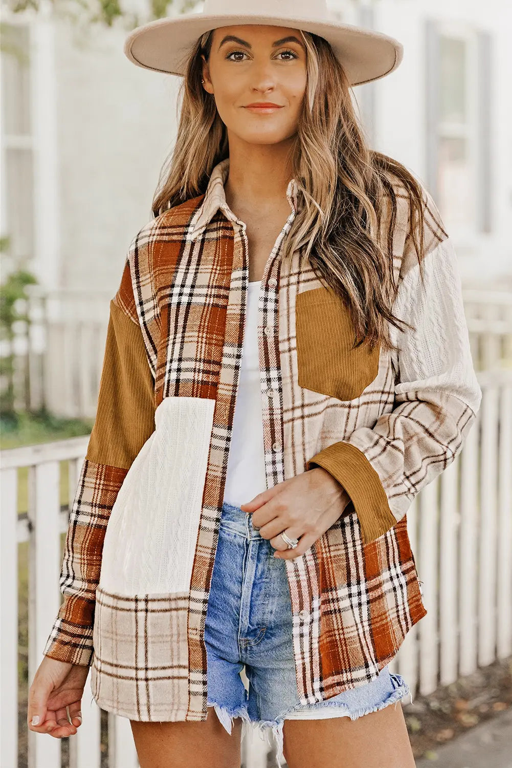 Orange Plaid Colour Block Patchwork Shirt Jacket with Pocket