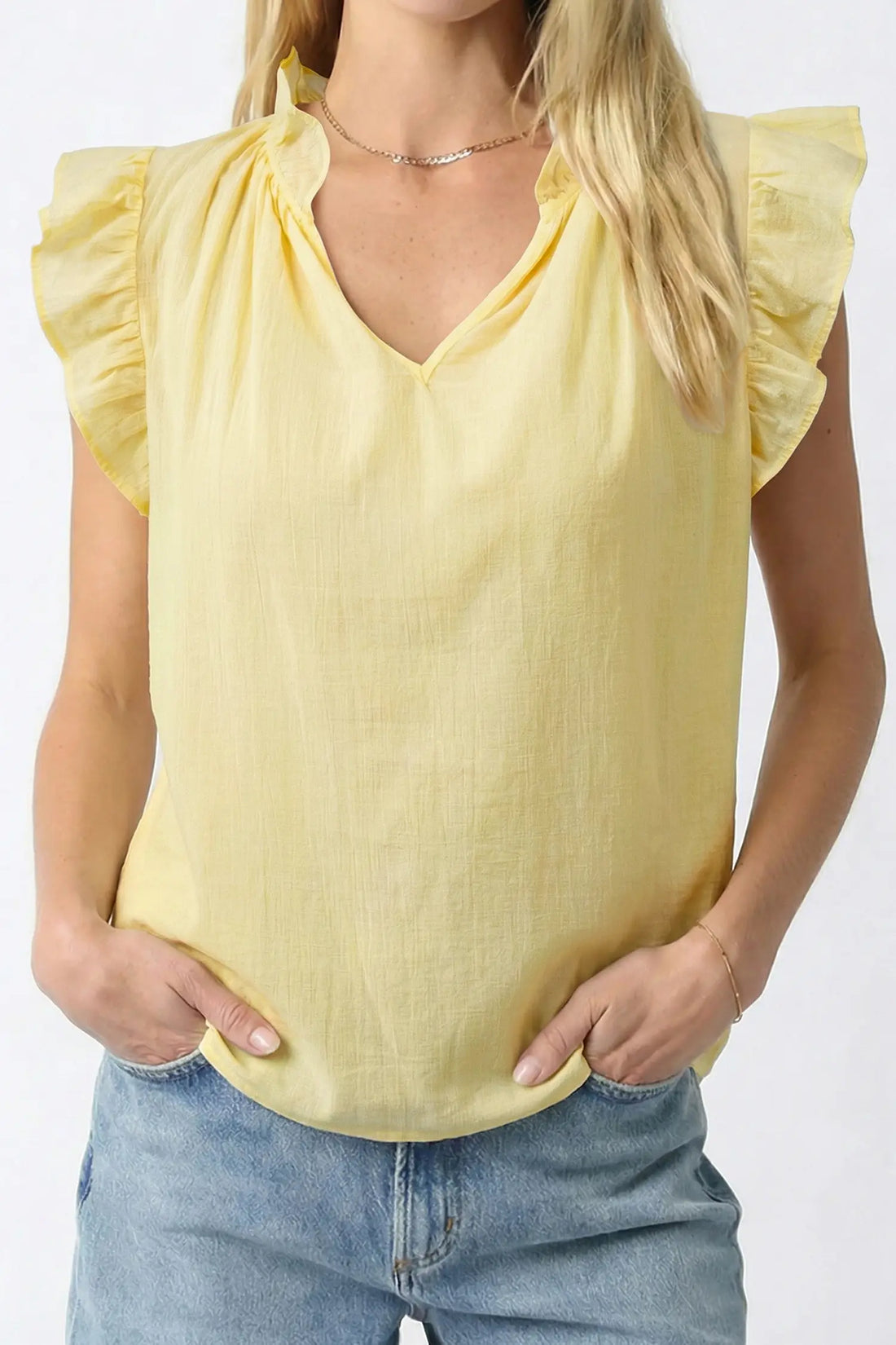 V Neck Ruffle Trim Sleeveless Shift Top – Yellow Cream
