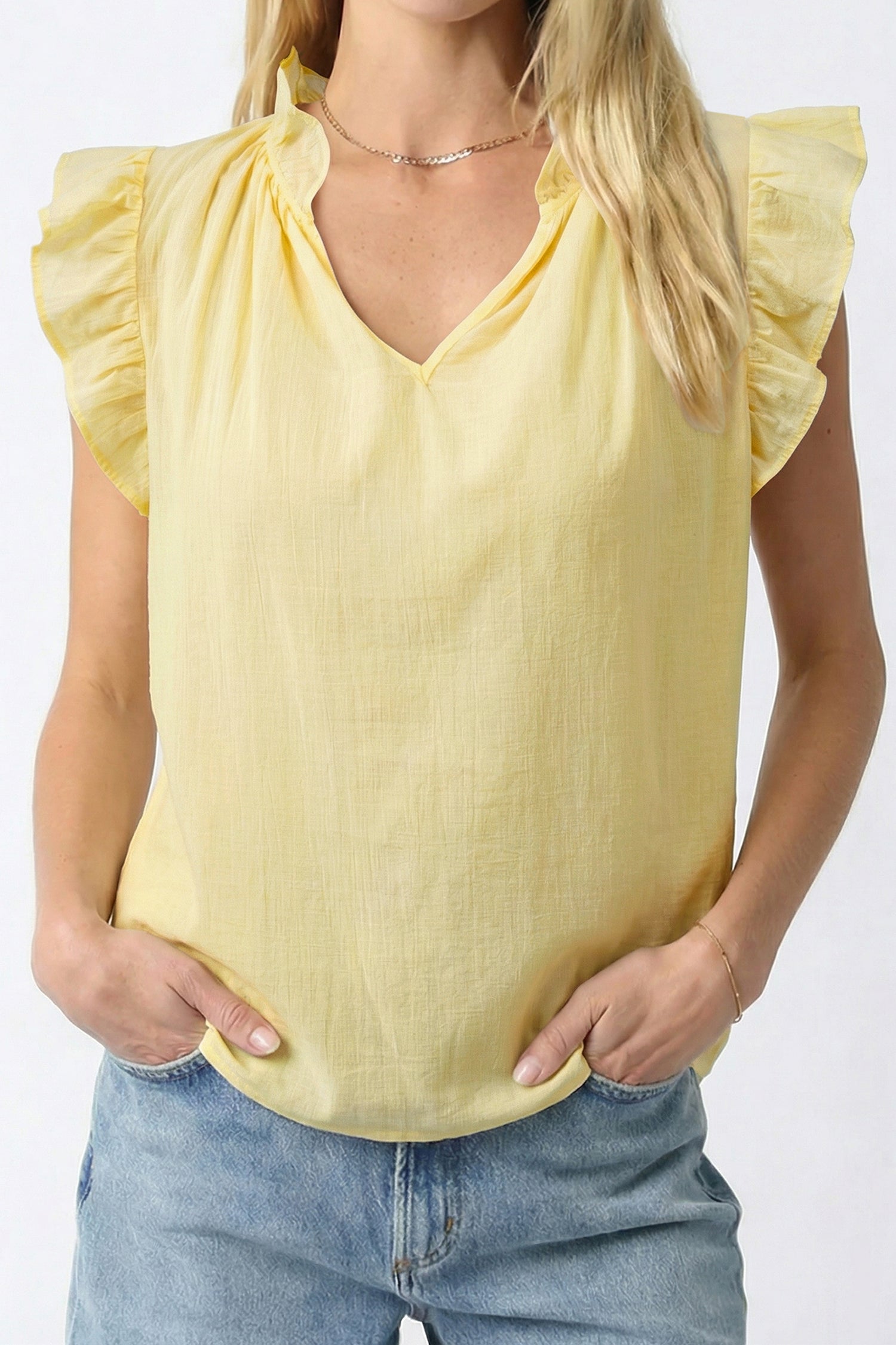 V Neck Ruffle Trim Sleeveless Shift Top – Yellow Cream