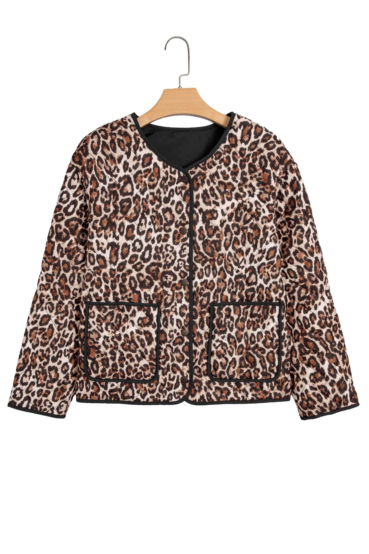 Leopard Print Quilted Button Front Patch Pockets Jacket – Brown