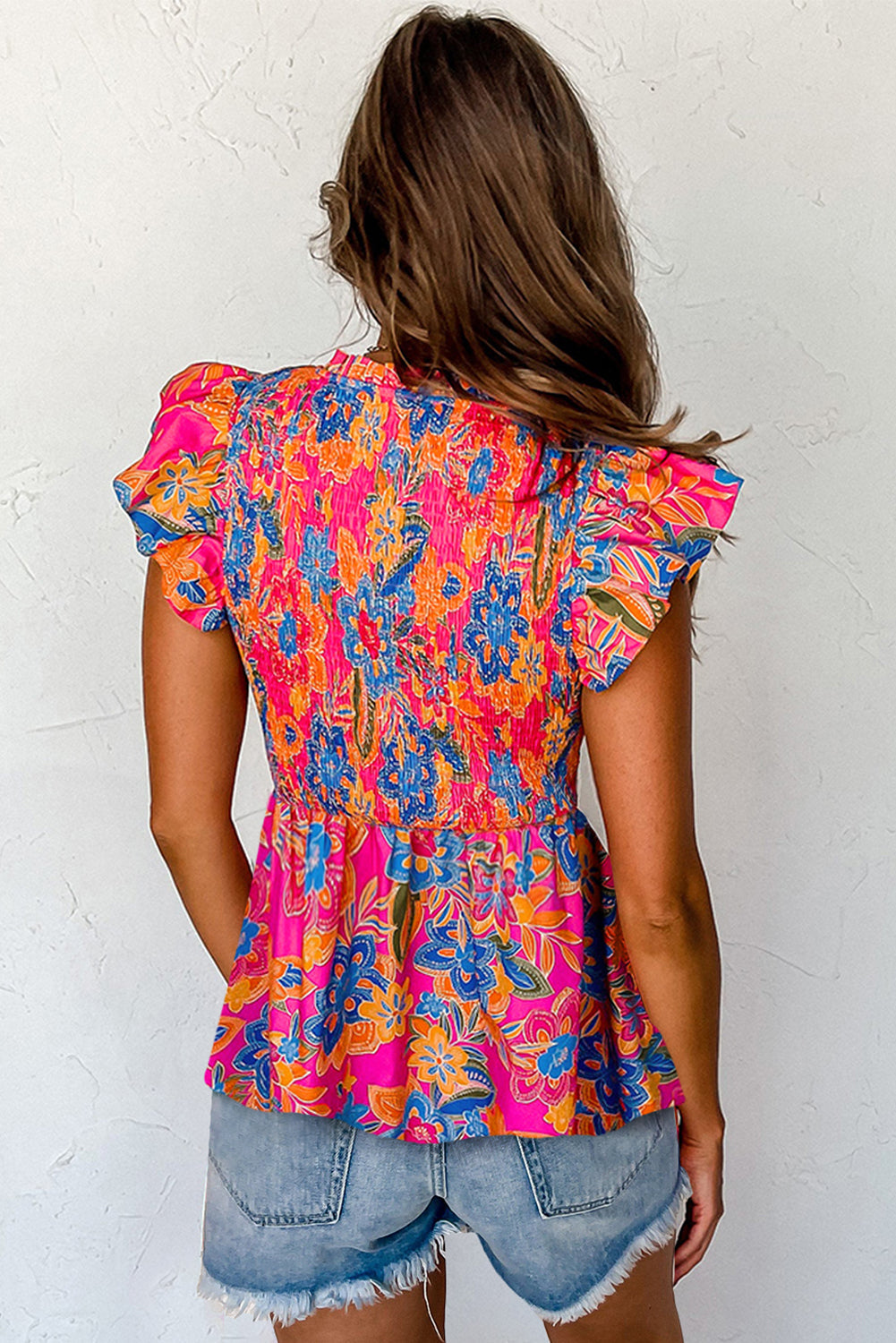 Rose Red Floral Print Smocked Ruffle Trim Flutter Sleeve Blouse eAura