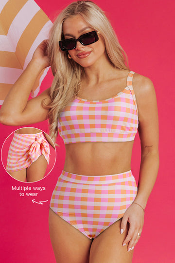 Pink 3pcs Gingham High Waist Bikini & Sarong eAura