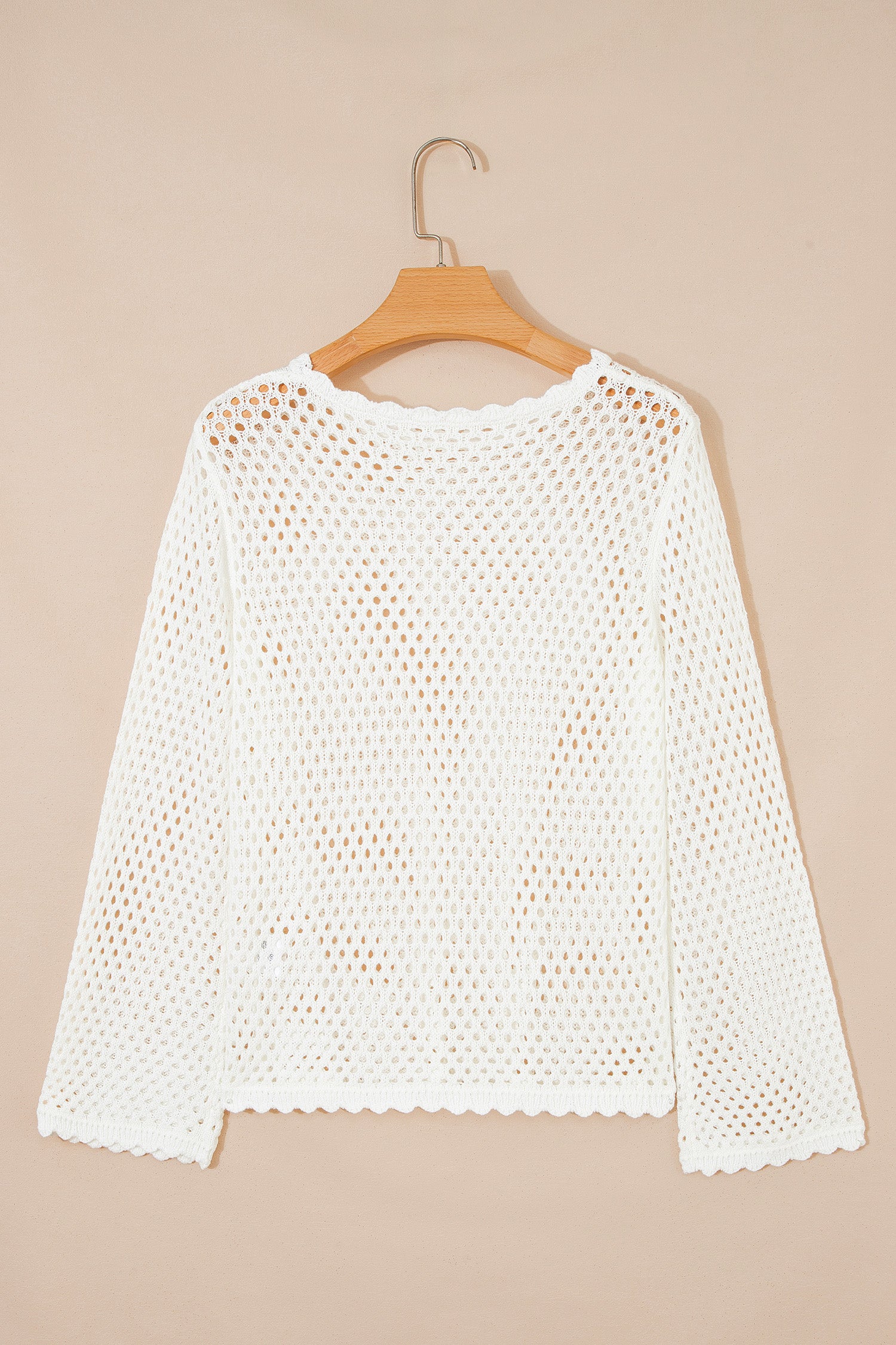 Scalloped Trim Hollow Out Knit Long Sleeve Top – Yellow Cream
