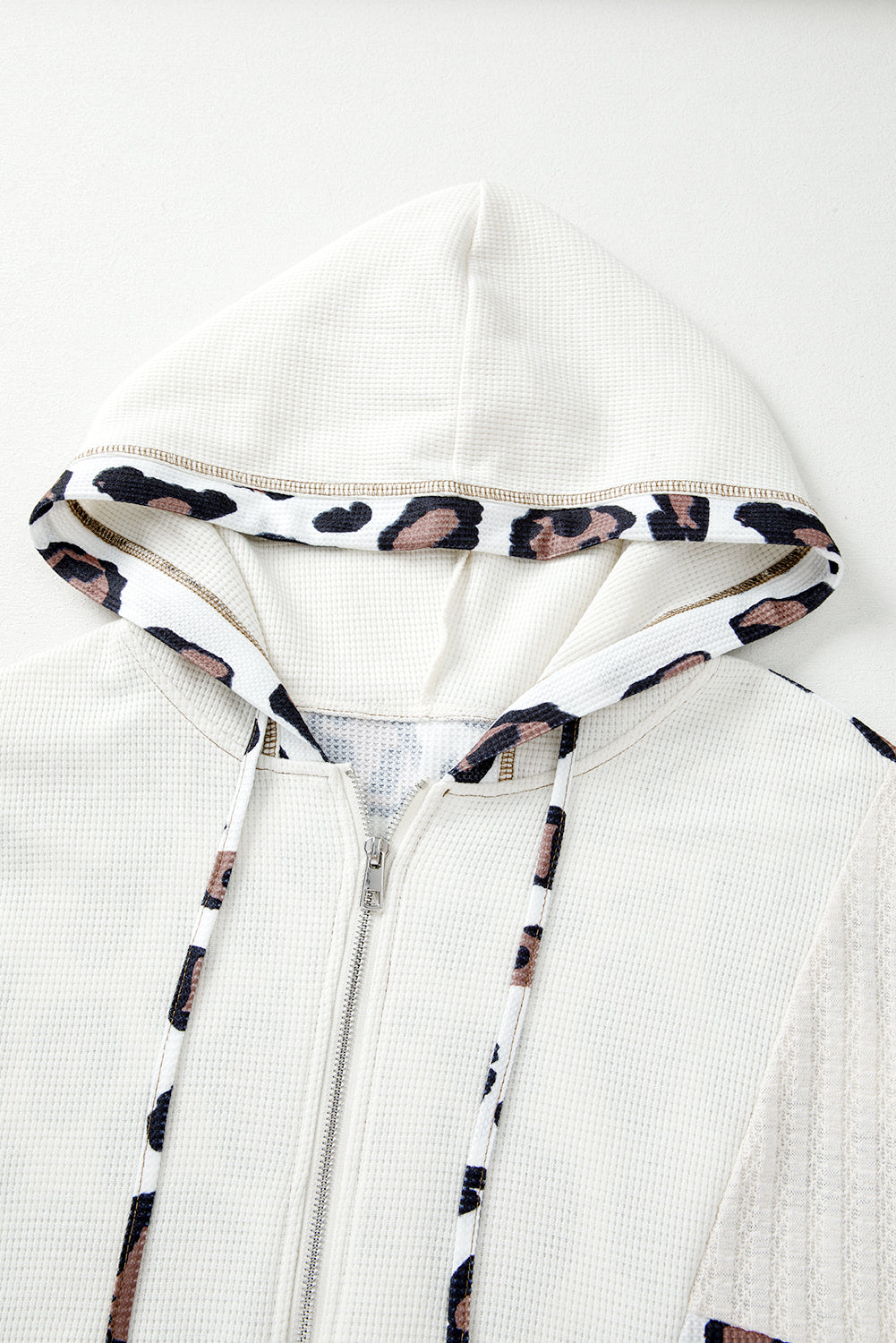 Oversized Leopard Contrast Mixed Texture Patchwork Zip-Up Drop Shoulder Hoodie - Tops/Sweatshirts & Hoodies