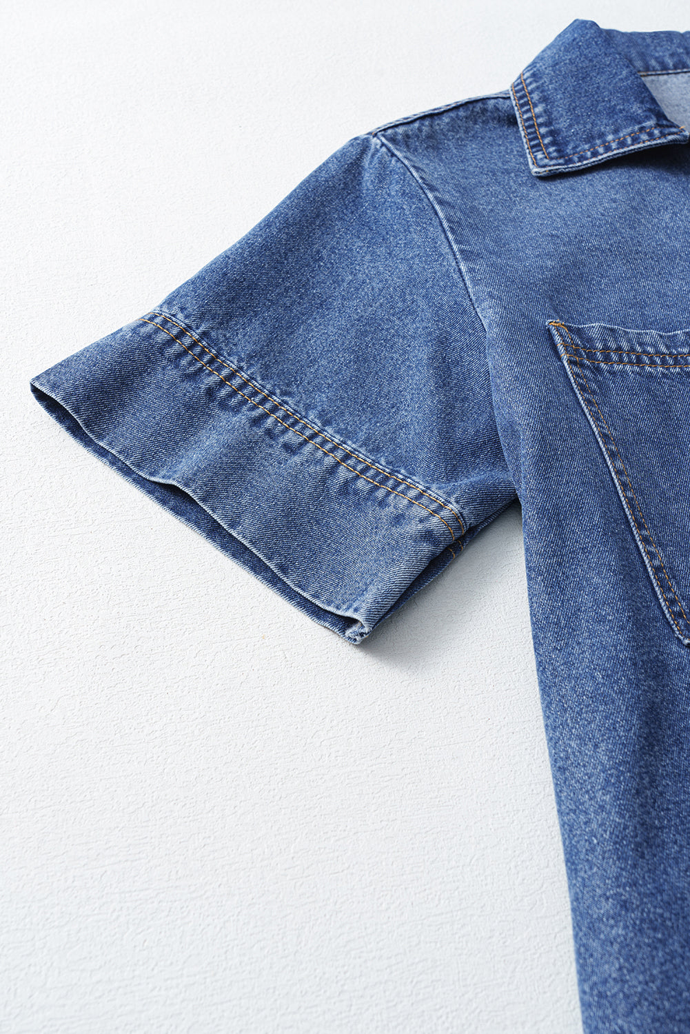 Blue Short Sleeve Collared Patched Pocket Denim Mini Dress eAura