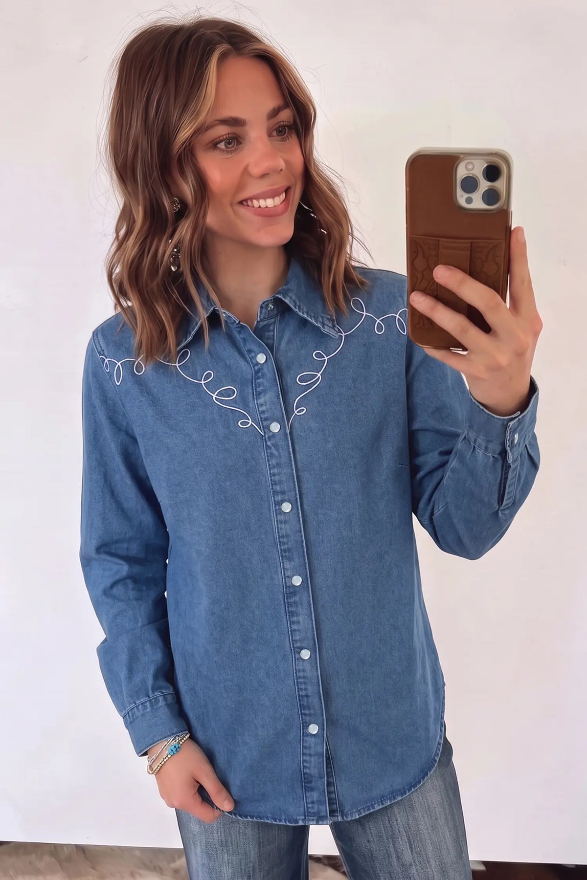 Western Embroidered Collar Long Sleeve Denim Shirt – Dusk Blue