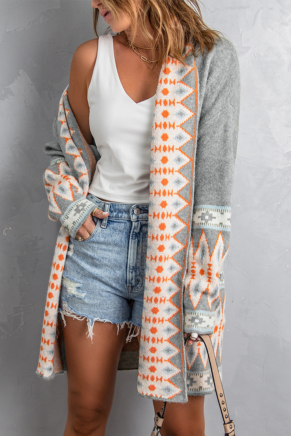 Aztec Print Open Front Knitted Cardigan BB Fashion Outlet