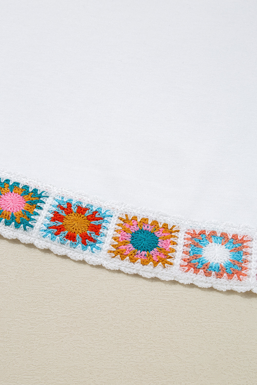 White Floral Crochet Patched Ruffled Sleeve Crewneck Blouse eAura
