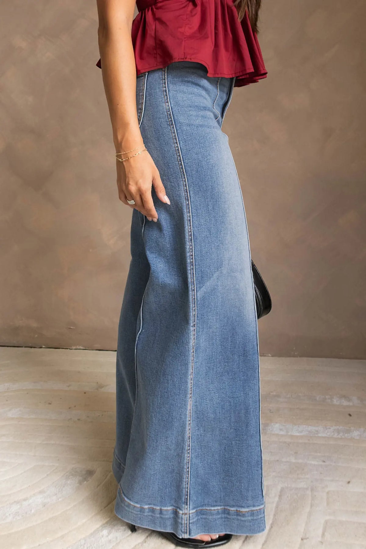 Dusk Blue Piping Seam Detail Flare Leg Pocket Jeans