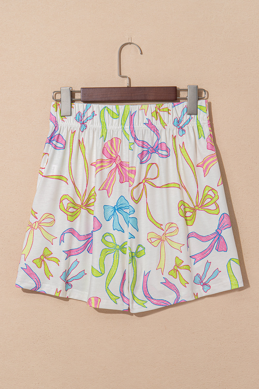 White Bow Print Elastic Pull On Casual Shorts eAura
