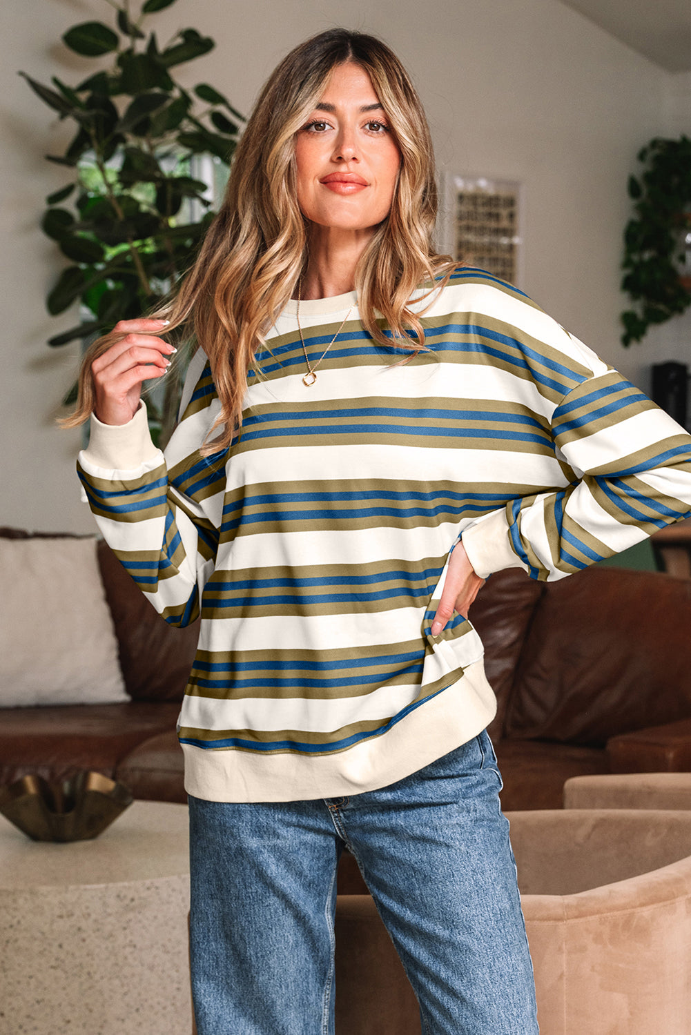 Stripe Crew Neck Drop Shoulder Pullover Sweatshirt - eAura