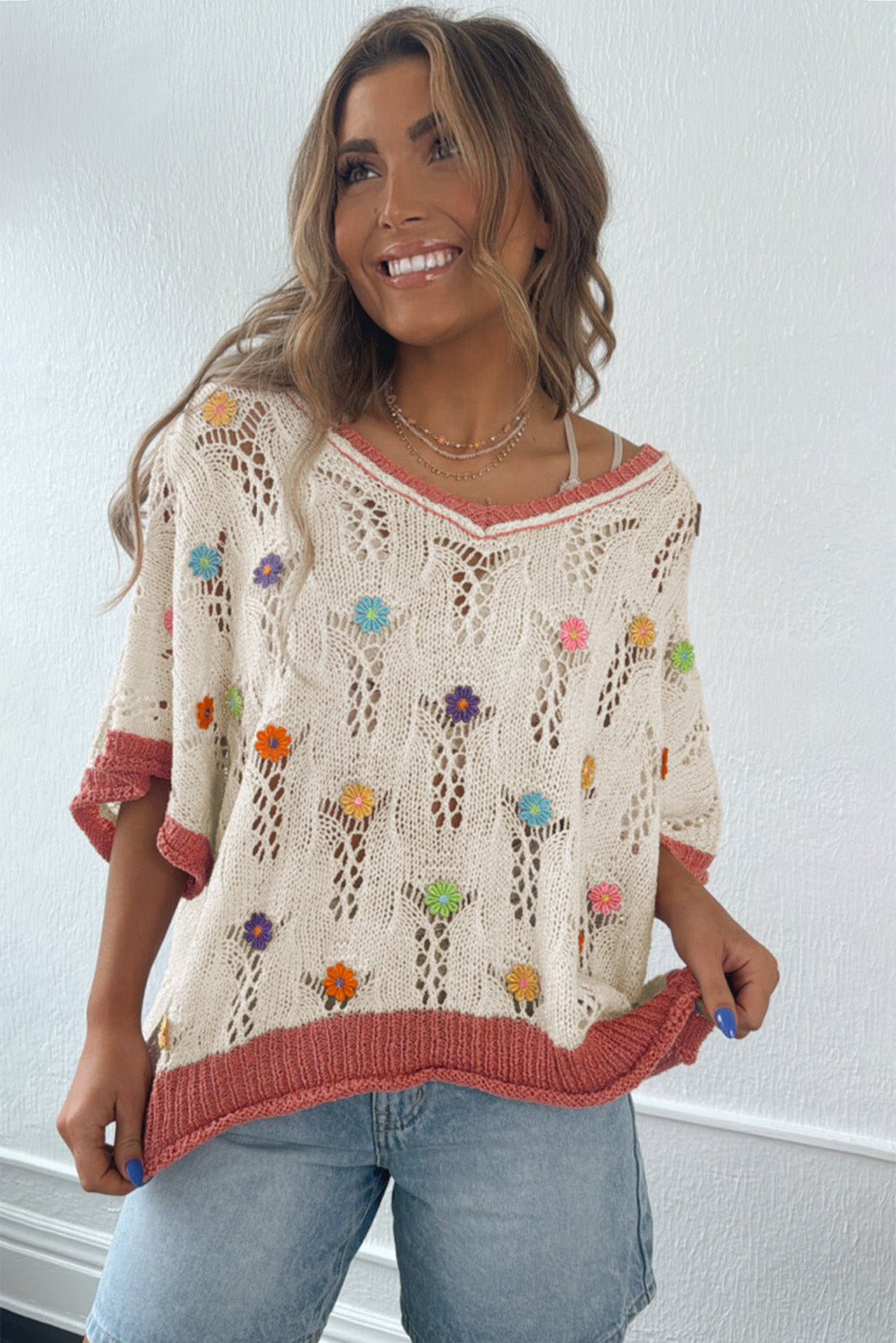 Embroidered Flowers Edge Hollowed Sweater eAura