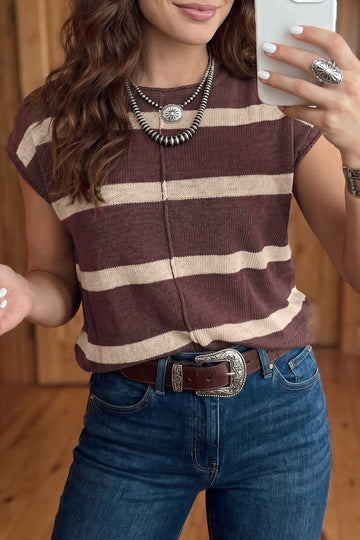 Knit Western Short Sleeve Sweater – Brown Stripe