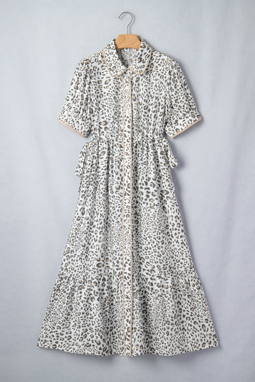 Leopard Print Puff Sleeve Maxi Dress – White
