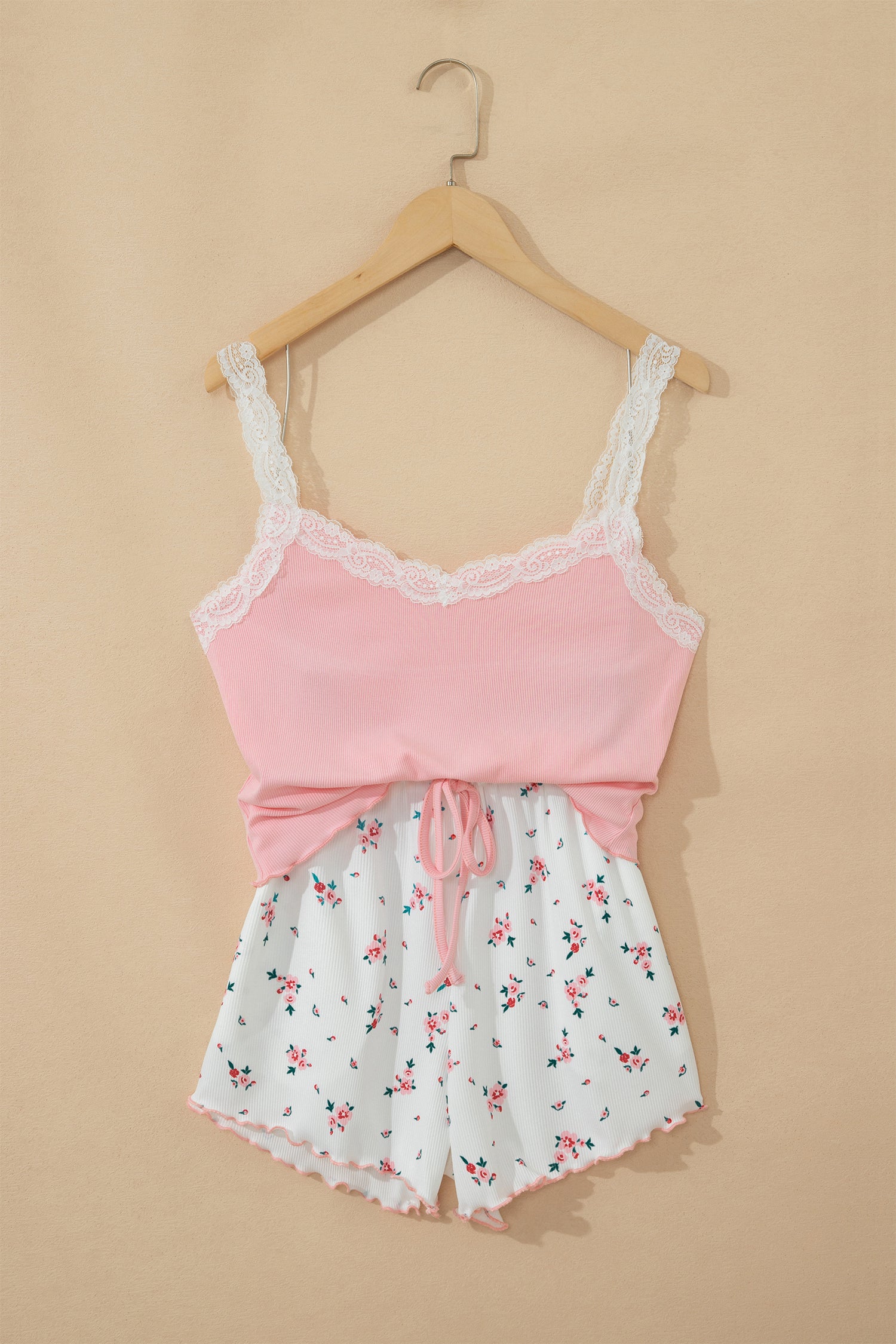 Ribbed Knit Lace Straps Patchwork Lettuce Hem Cropped Top Floral Short Lounge Set – Pink