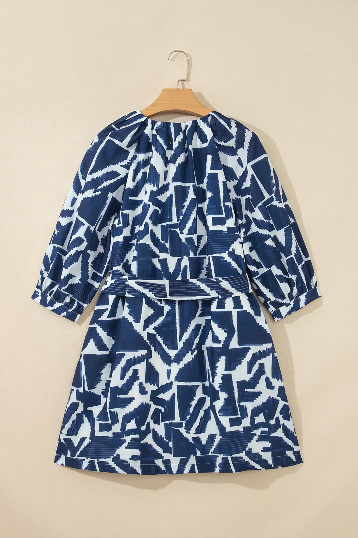 Abstract Geometric Print Zip Front Tie Waist Shift Dress – Blue